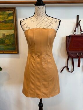 Zara Strapless Camel Faux-Leather Mini Dress